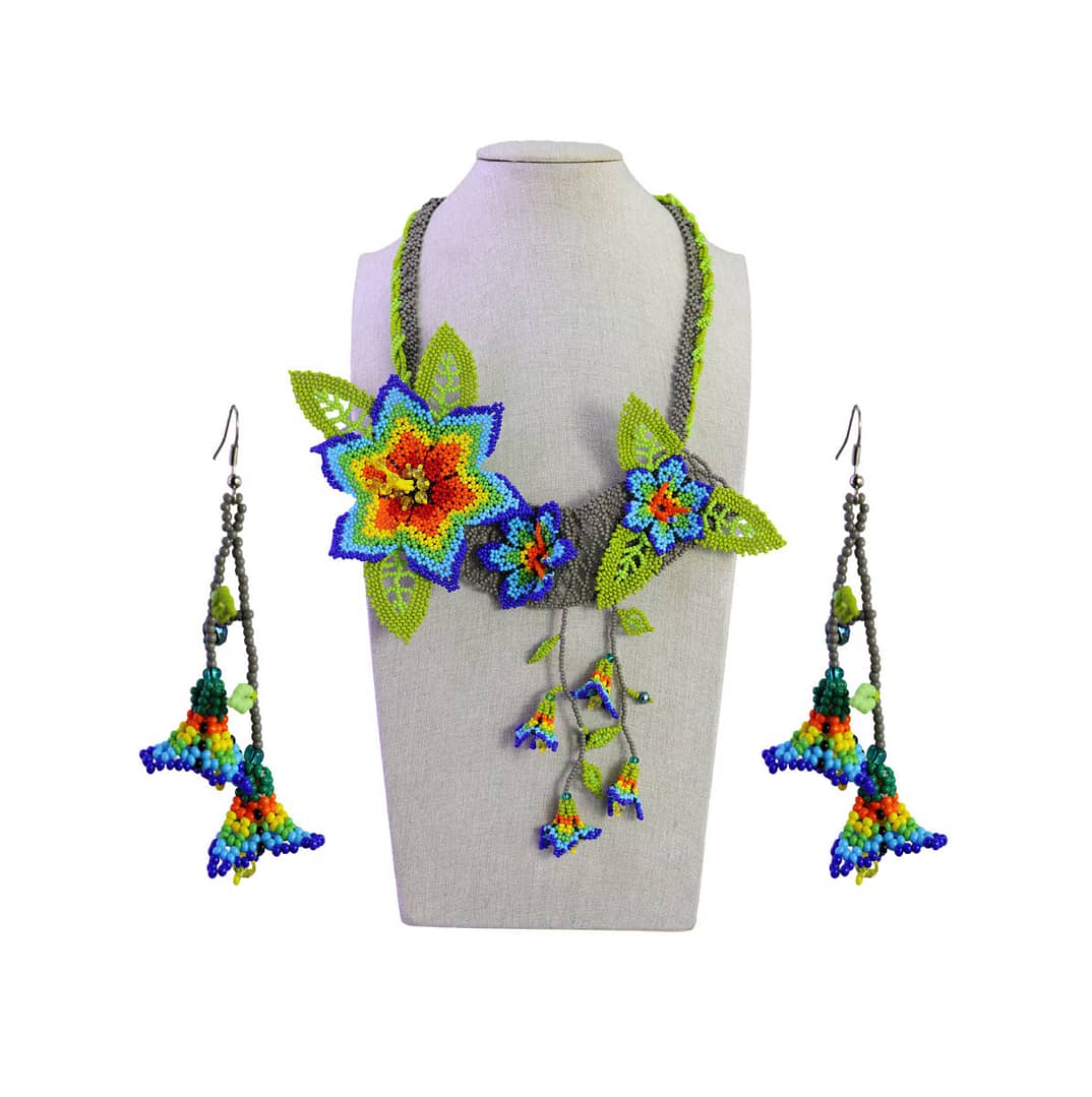 Collar Y Aretes De Flor Chaquira Collar De Cuentas Huichol
