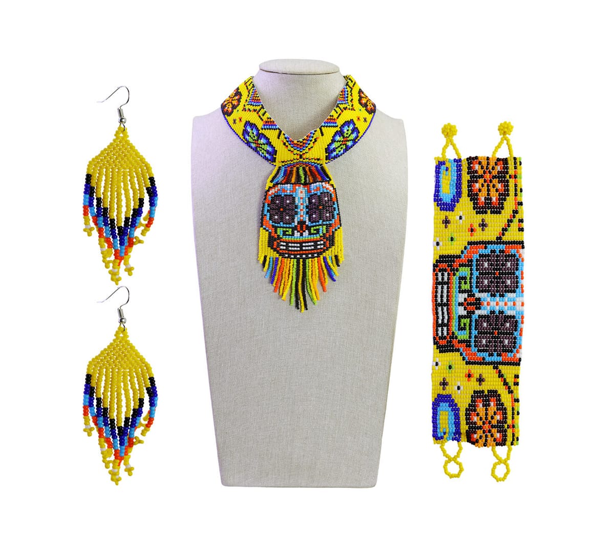 Set Collar De Calavera Flecos Gargantilla Arte Huichol