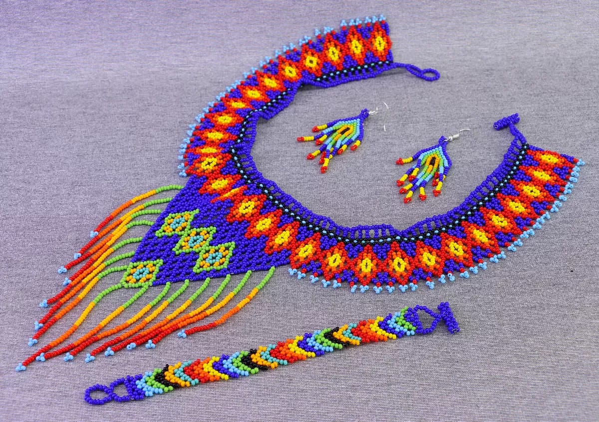Set Collar Gargantilla Flecos Collar De Cuentas Huichol Artesanal