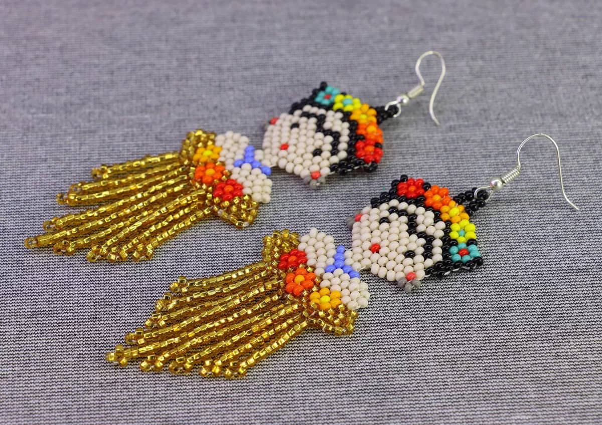 Aretes De Frida Kahlo Flecos Aretes De Cuentas Huichol - Image 2