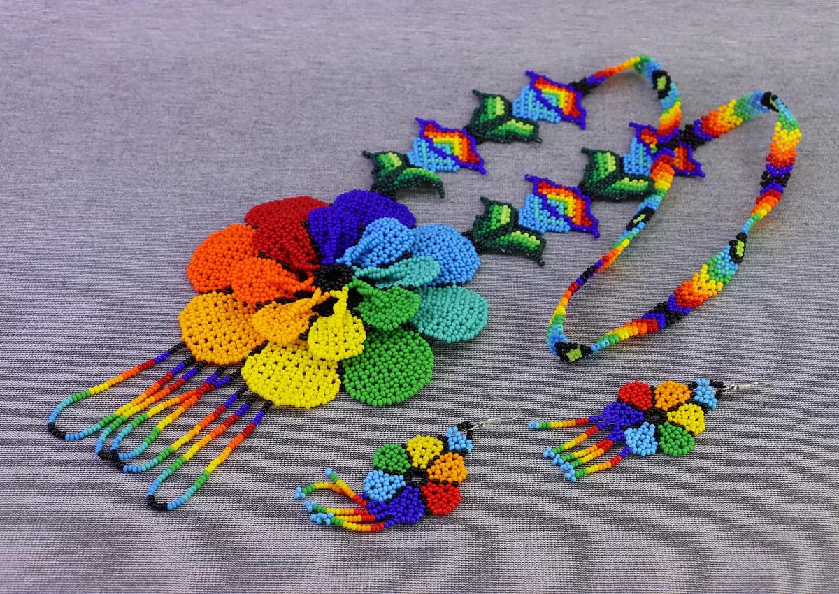 Set Collar Largo Chaquira Flor Grande Collar De Cuentas Huichol