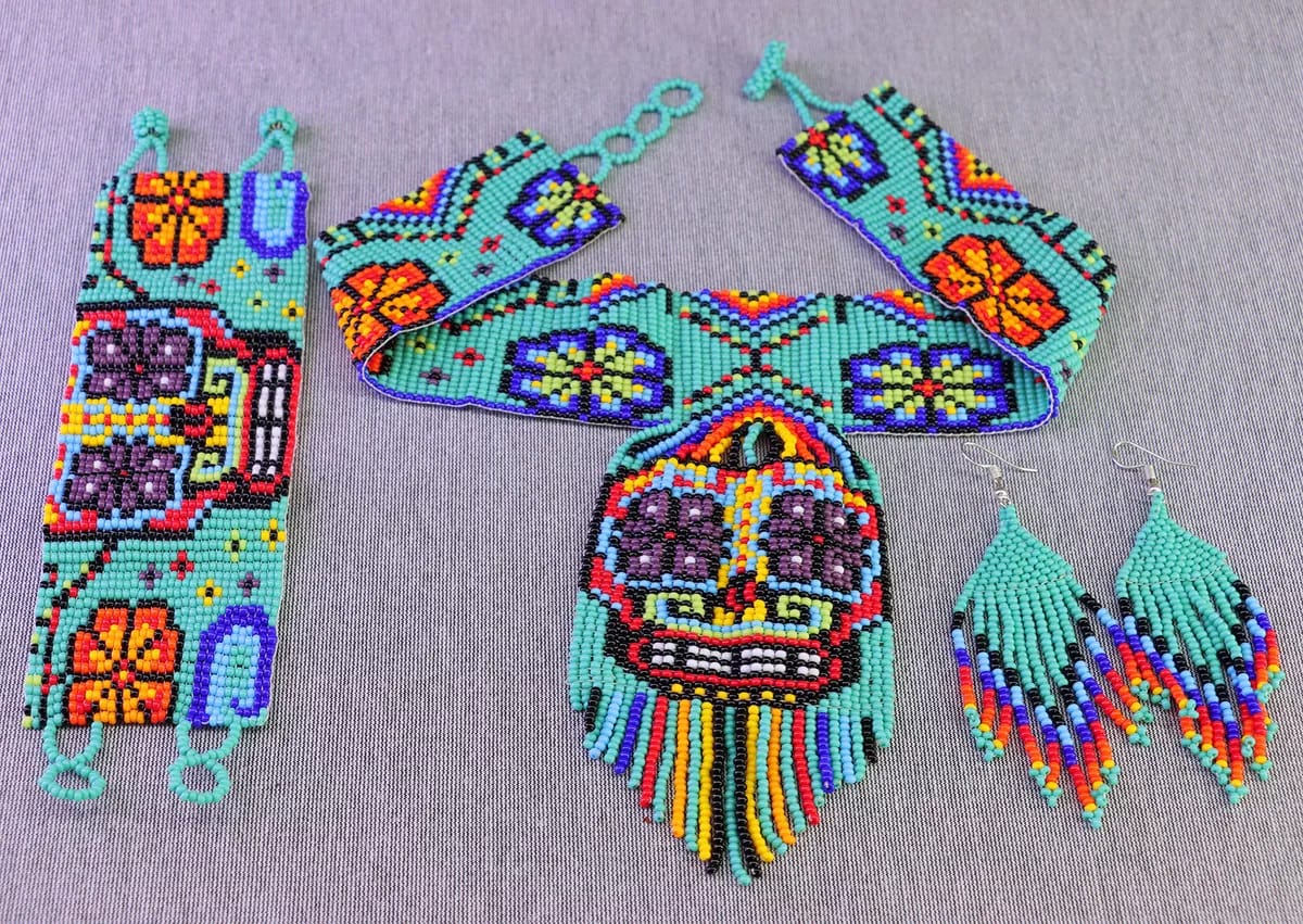 Set Collar De Calavera Flecos Gargantilla Arte Huichol - Image 3