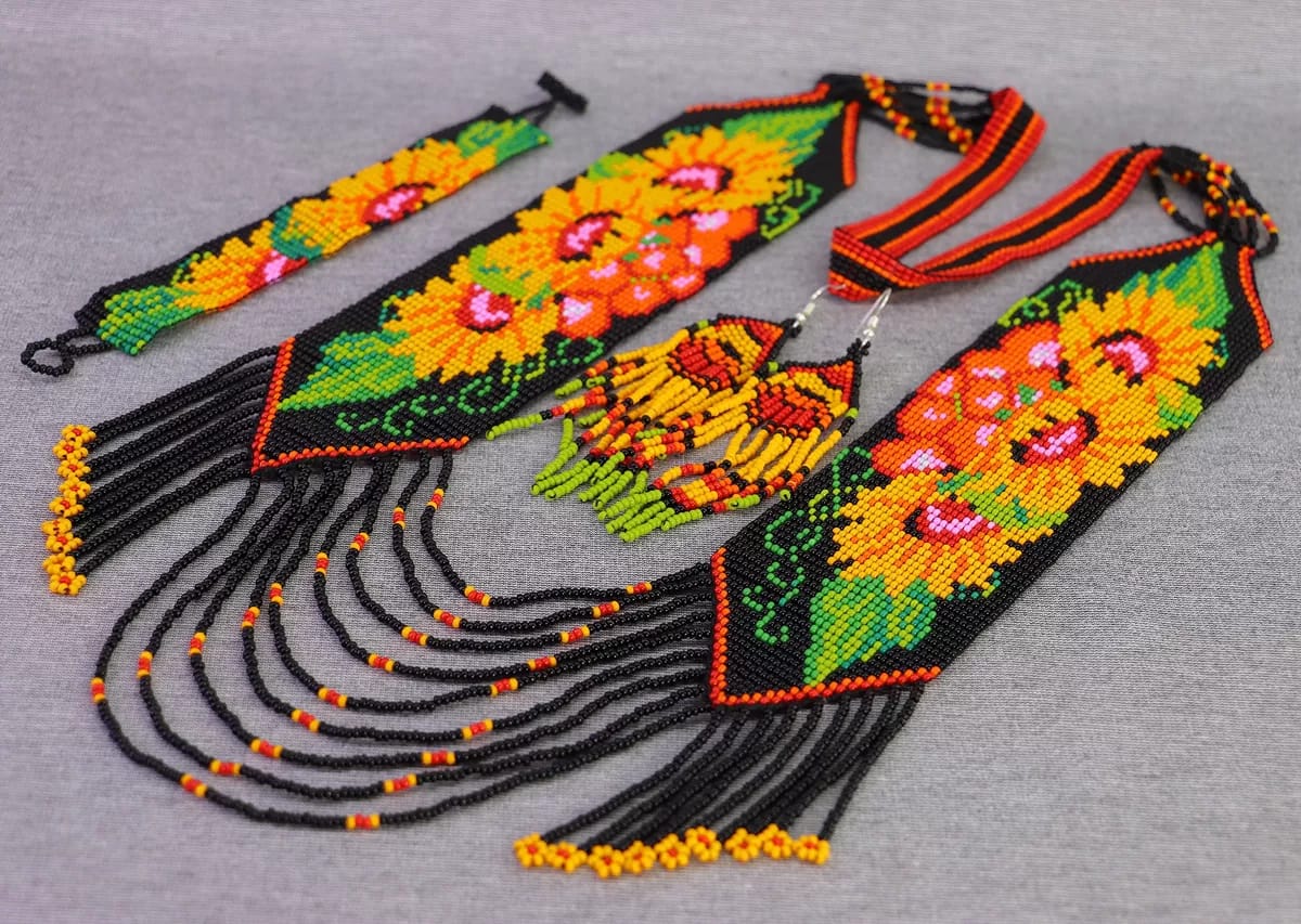 Set Collar Tejido Floral Arte Huichol Collar Largo De Moda - Image 2