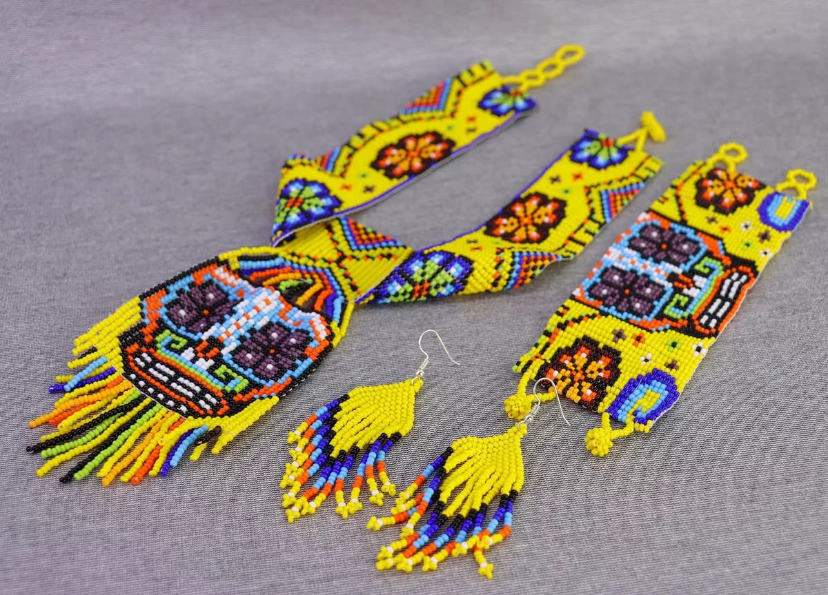 Set Collar De Calavera Flecos Gargantilla Arte Huichol - Image 2