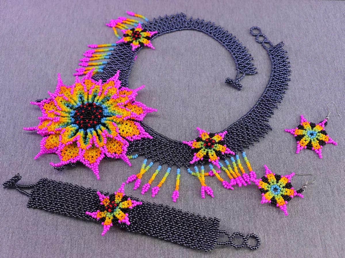Set Collar De Flor Espina Collar De Chaquira Arte Huichol - Image 2