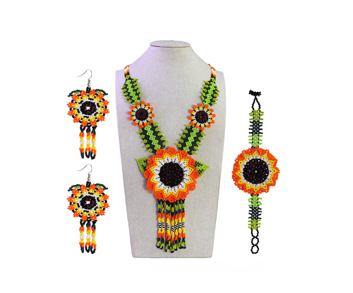 Set Collar Largo Chaquira Girasol Collar De Cuentas Huichol