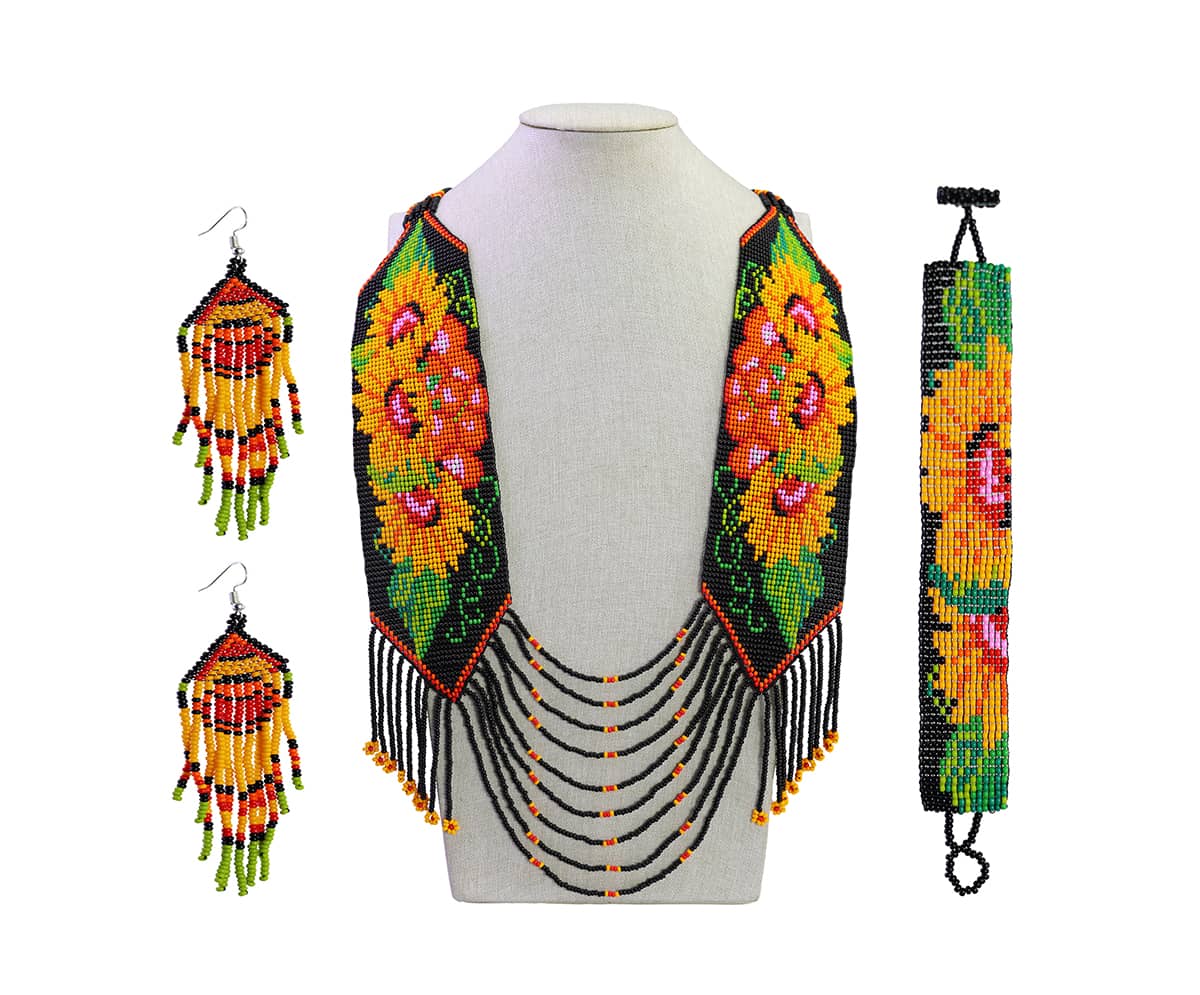Set Collar Tejido Floral Arte Huichol Collar Largo De Moda