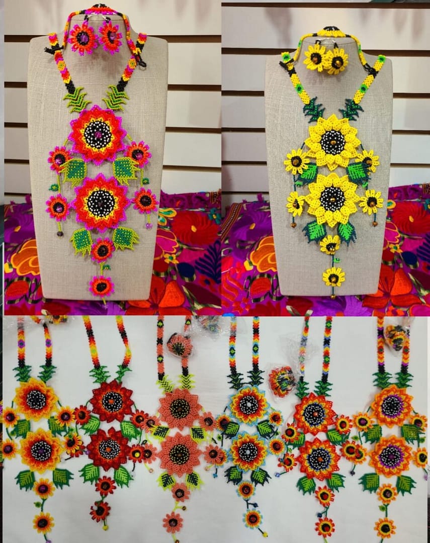 Set De 2 Collares Doble Flor Girasol Collar Con Aretes Y Pulsera